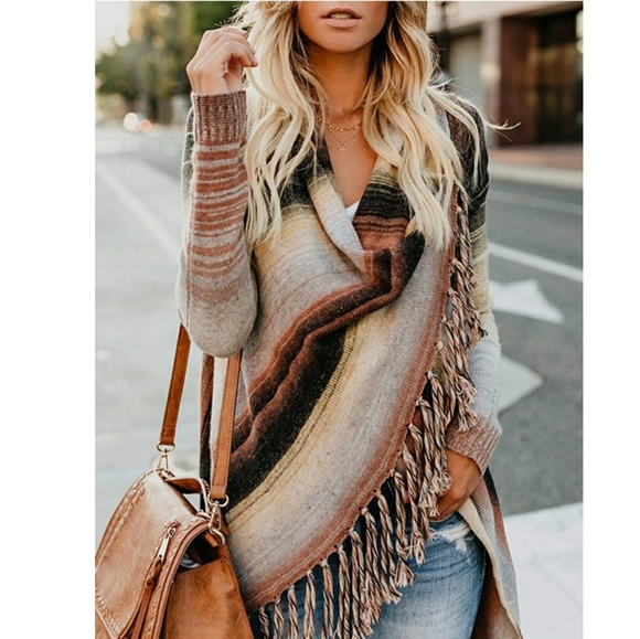 Open Front Color Stripe Slash Tassel Hem Cardigan - Picture 2 of 6